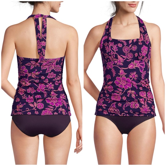 Lands end Floral Halter Tankini Swim Top - Pink and Purple - Picture 3 of 8